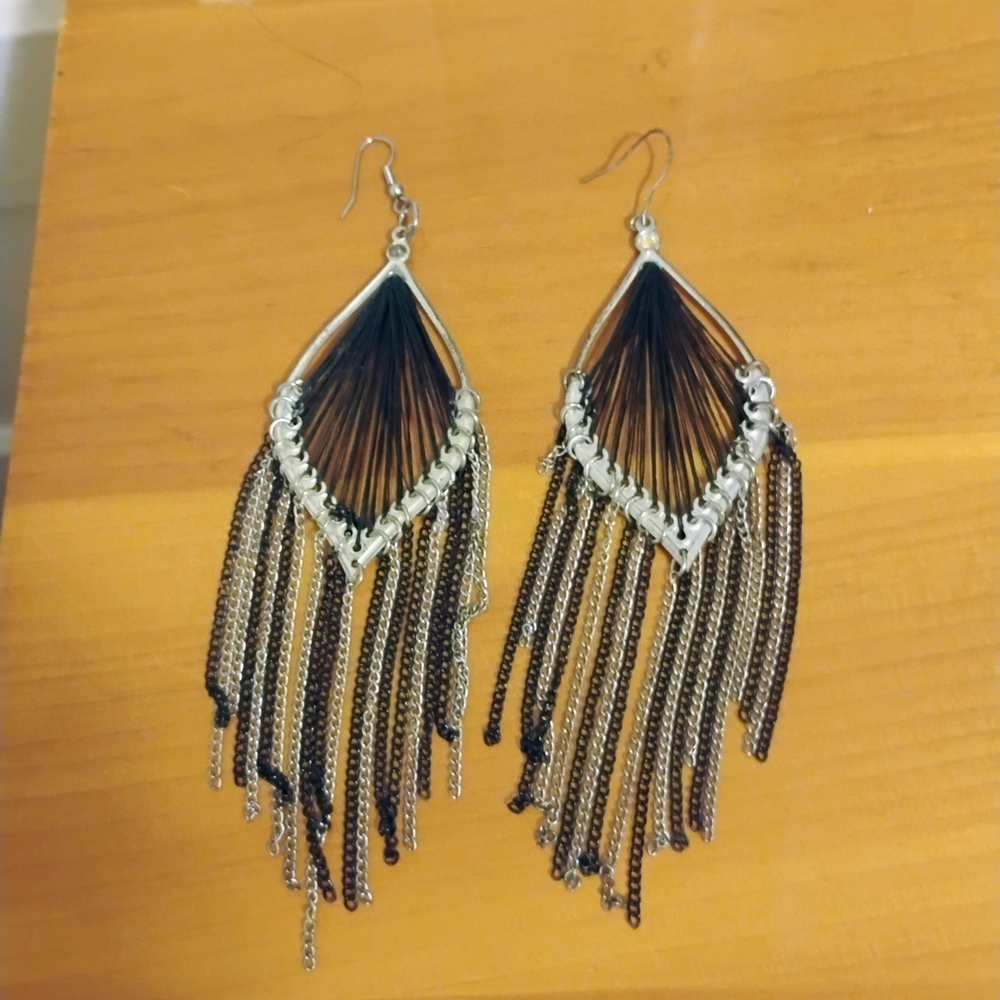Statement Black and Silver Fringe Drop Earrings - Women Jewelry